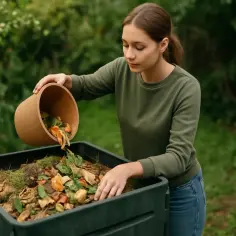 Kobieta wsypuje resztki organiczne do kompostownika.
